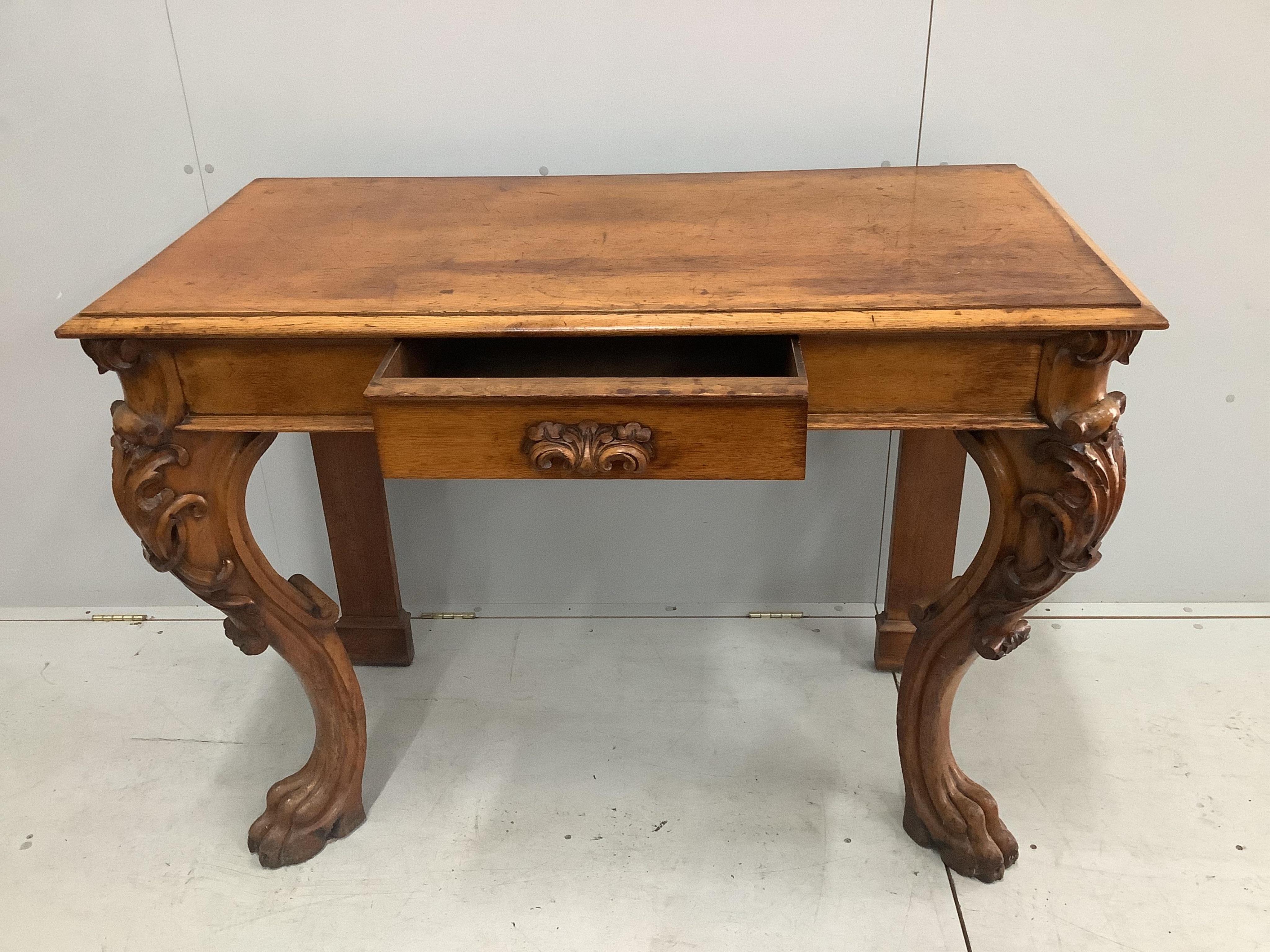 A Victorian golden oak serving table with frieze drawer, width 125cm, height 92cm. Condition - fair to good